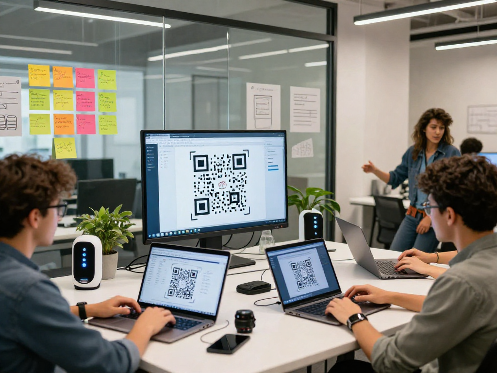 Dynamic QR Codes showcased in a vibrant tech workspace with team collaboration.