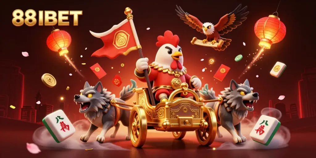 Experience the excitement of 88IBET with a vibrant scene featuring a rooster warlord and game elements.