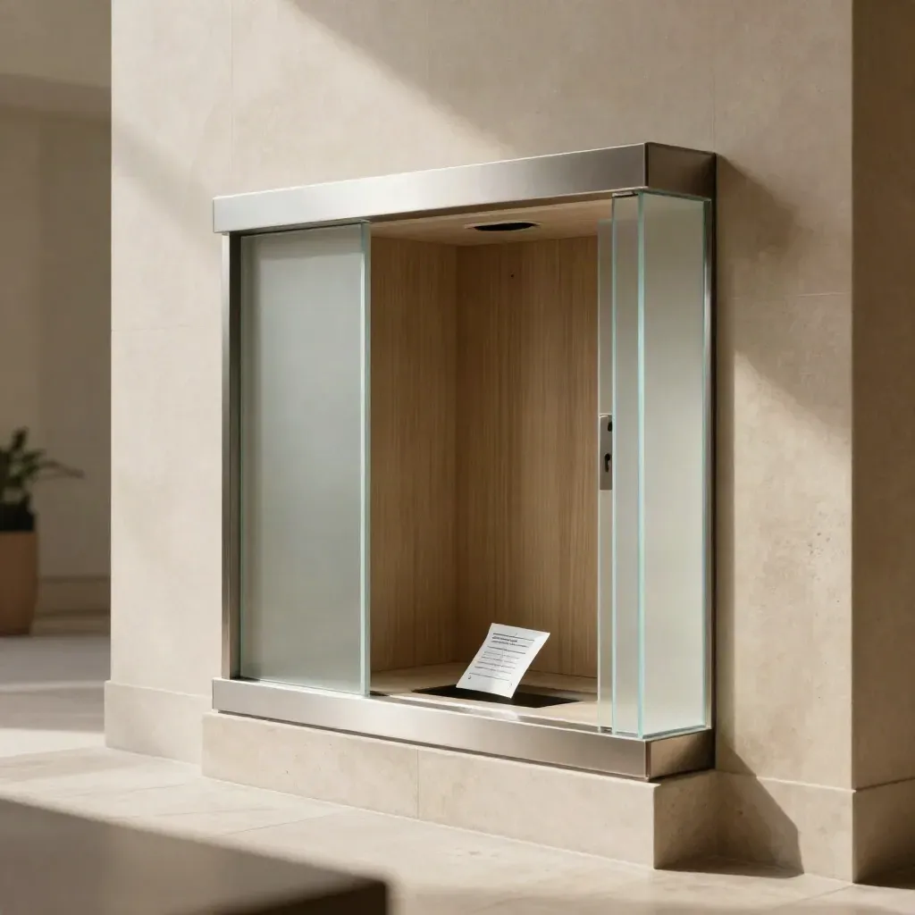 Secure lobby lead intake niche with frosted glass and a packet sliding into a recess