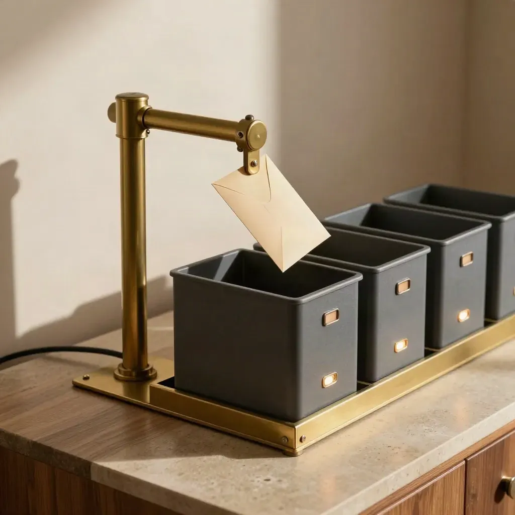 Brass mail sorter routes a sealed envelope into the right bin, lit from upper left.