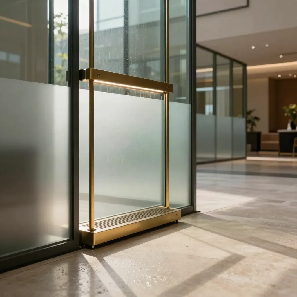 Frosted-glass intake portal in a cinematic office lobby with brass and steel security details.