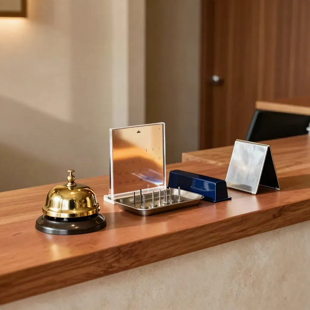 Brass appointment bell, acrylic calendar cube and synced pegs on a warm kiosk counter.