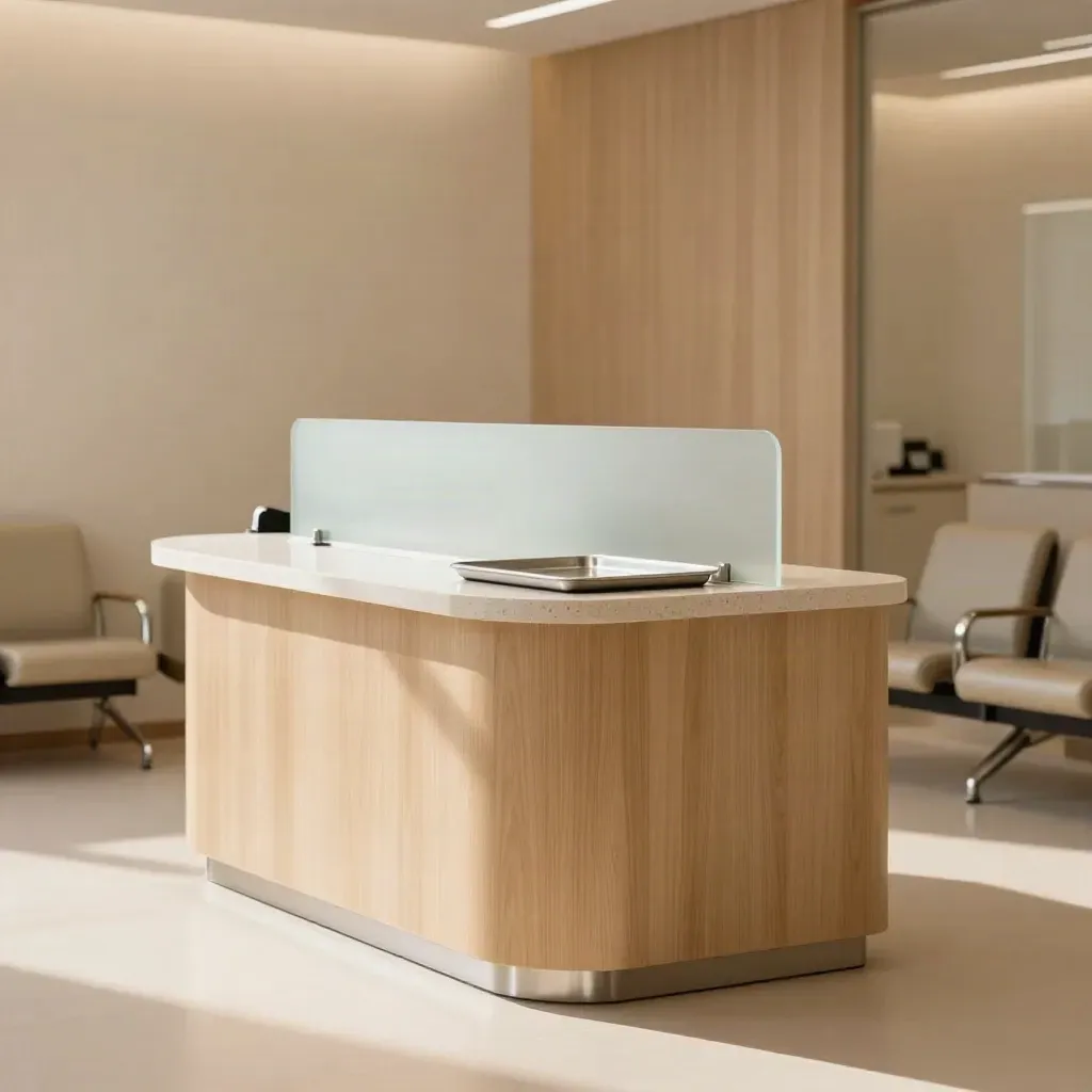 Empty dental clinic reception podium with frosted privacy panel and waiting chairs