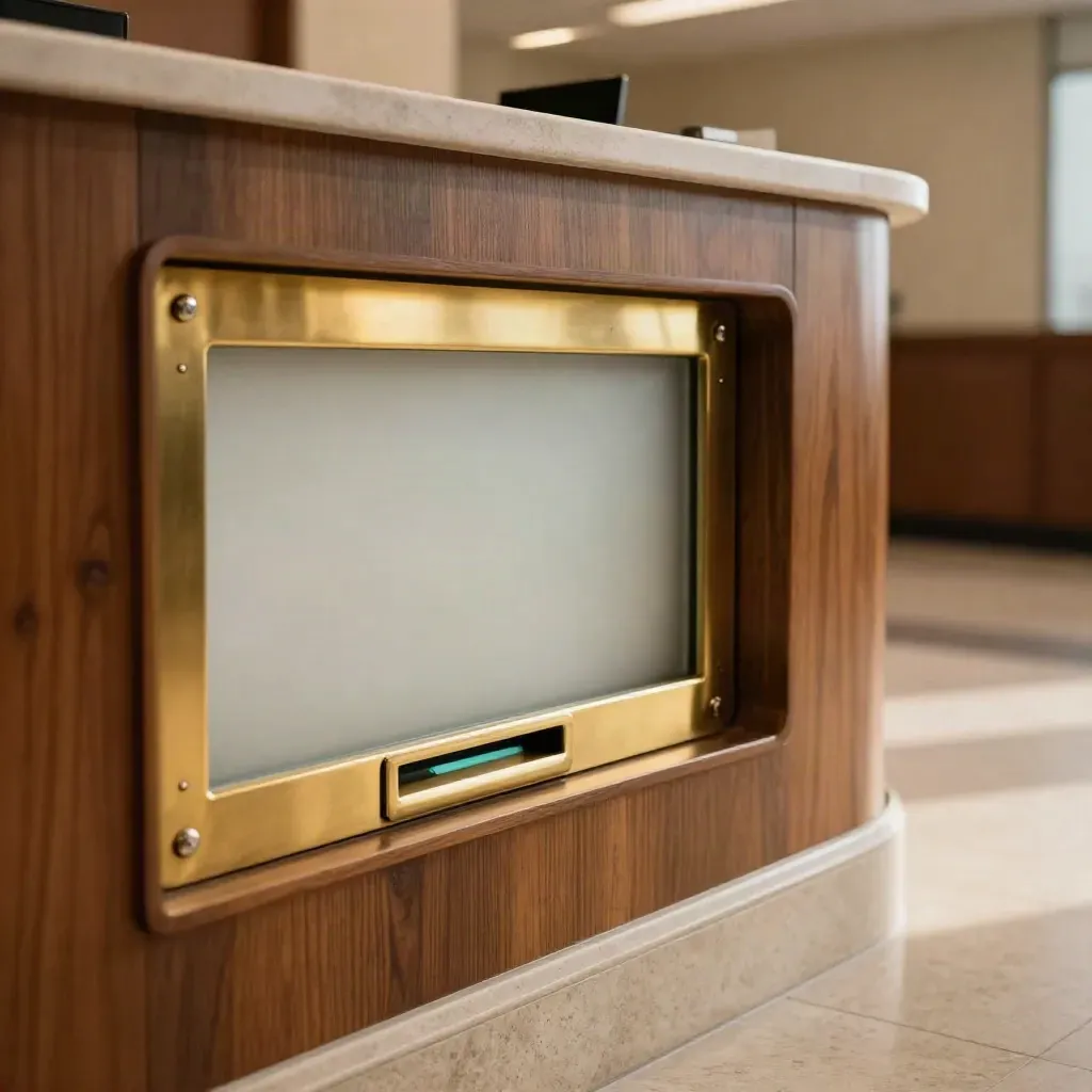 Macro of a brass-secured law-firm intake slot with frosted glass and teal glow