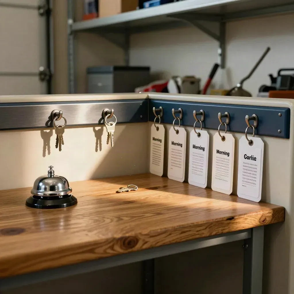 Empty trades dispatch bench with key hooks, bell, and morning service tags in warm garage light.