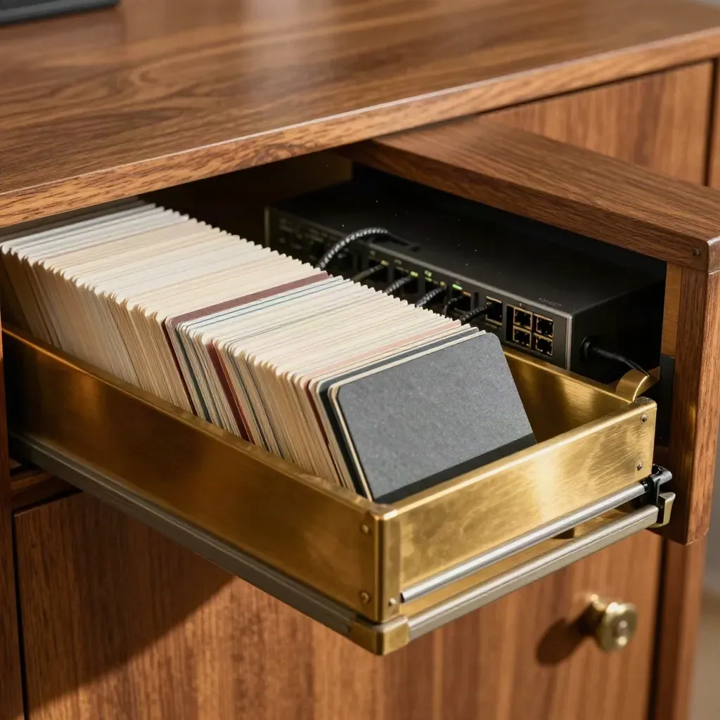Verified prospect cards slide into a brass archive drawer beside a networked file block.