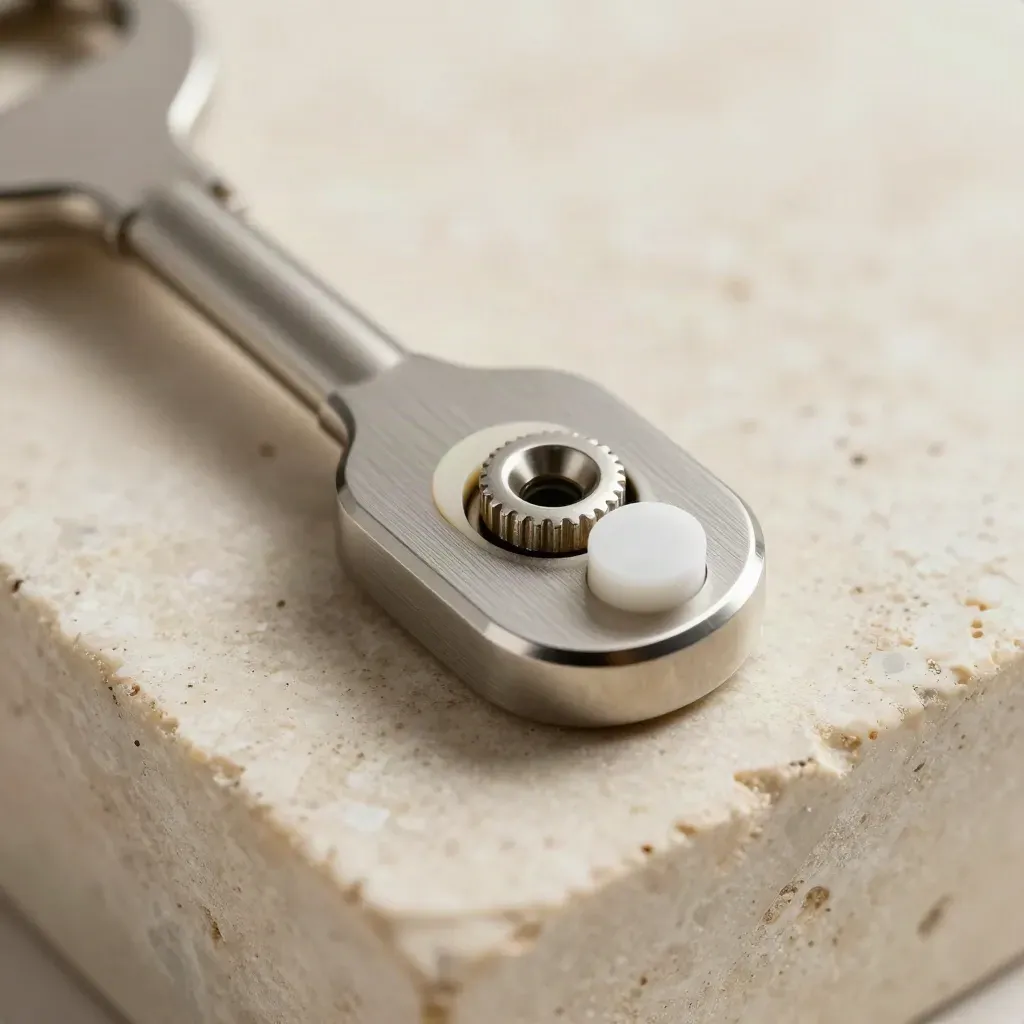 Macro of secure hardware on travertine: lock cylinder, bezel, gasket, and seal seating