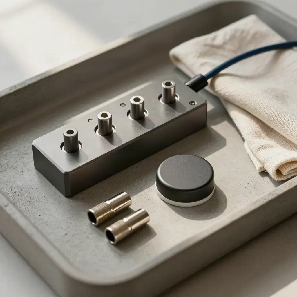 Secure lead test bench with nodes, cable ends, and a steady status light on concrete.