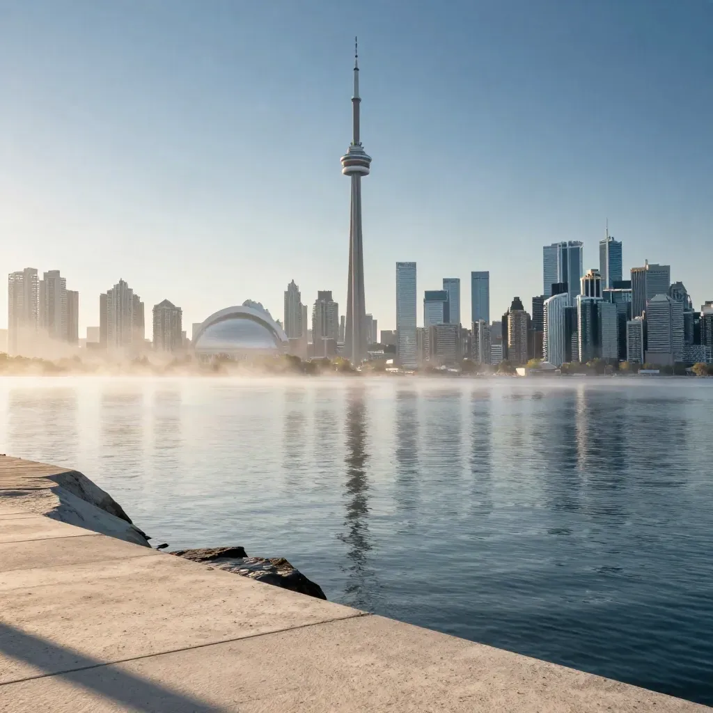 Toronto skyline from lakeshore at golden hour, warm haze over calm waterfront and glinting towers.