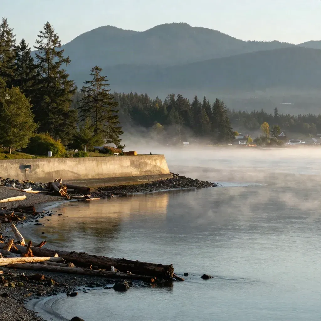 Fog lifts over Vancouver harbour and mountain layers with a quiet seawall at dawn.