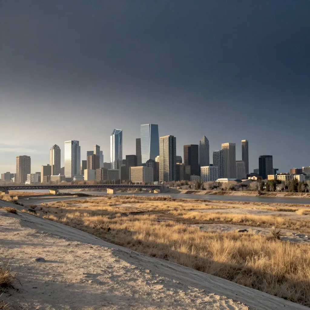 Calgary and Edmonton skyline over prairie river valley in clearing storm light