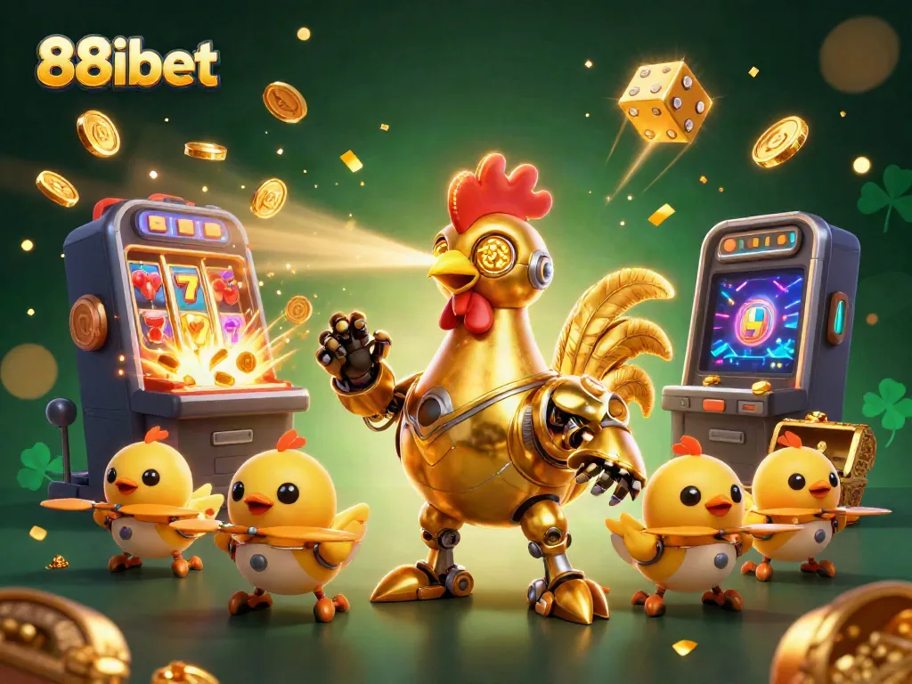 Engage in thrilling casino action with 88ibet, featuring a futuristic rooster robot amidst vibrant games and golden treasures.
