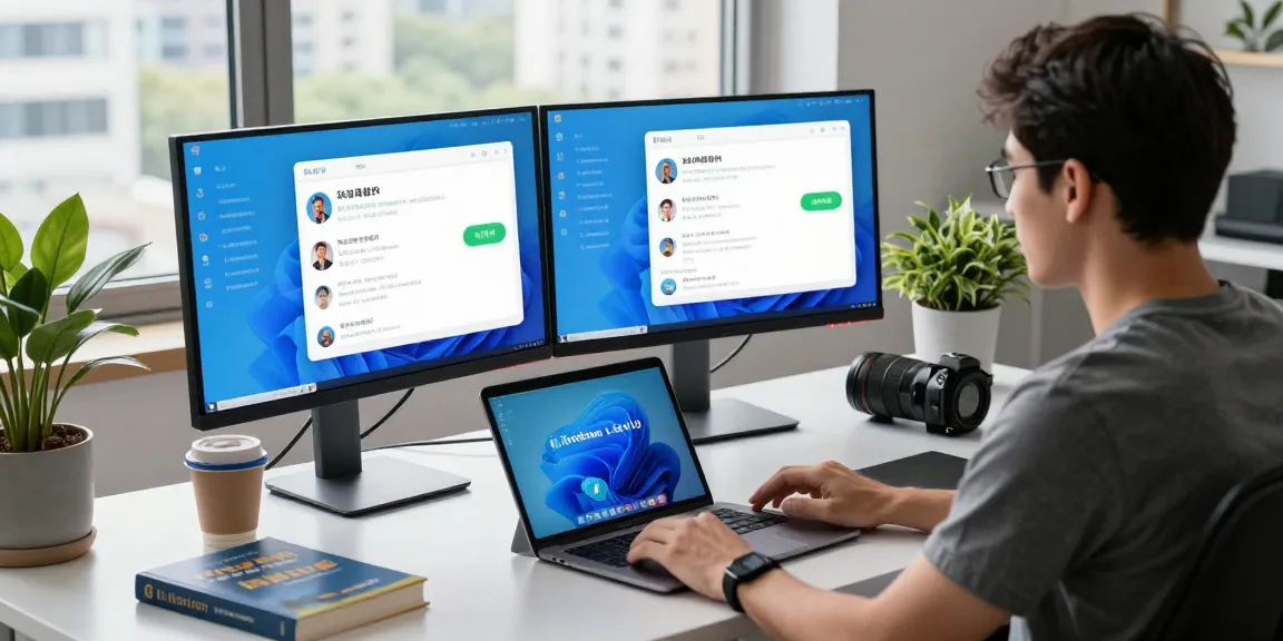 Adjusting Telegram Chinese settings on dual monitors in a modern tech workspace.
