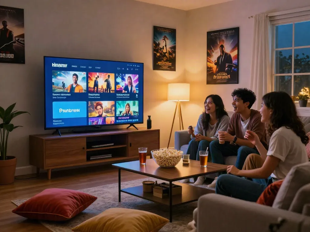 Friends enjoying movie box streaming on smart TV in cozy living room.