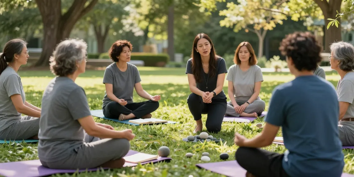 Veterans For Healing participating in a supportive group therapy session outdoors, surrounded by nature and wellness aids.